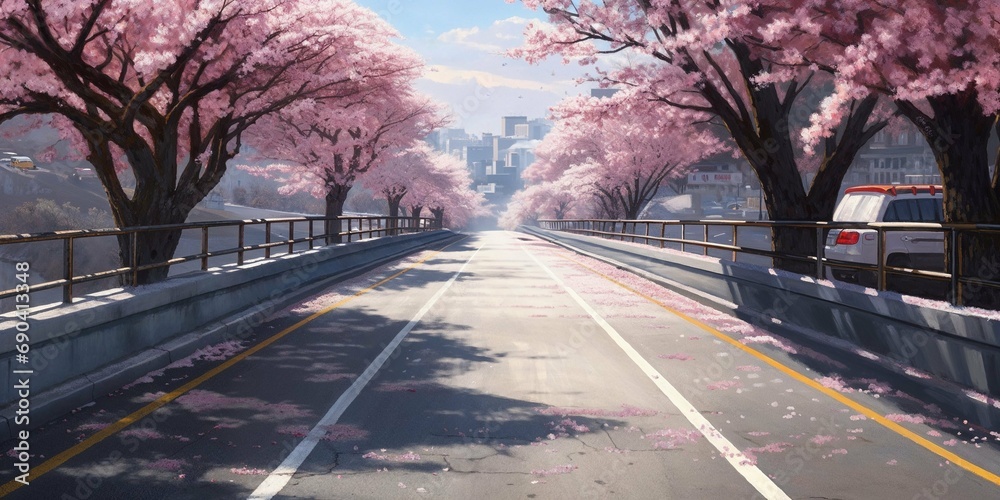 Blossoming Cherry Trees Lining a Sunny Urban Road

