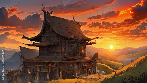 sets over rolling hills, loyal blacksmiths forge comes life, flames dancing twilight. blacksmith, face streaked with soot sweat, works tirelessly, creating swords shields 2d animation photo