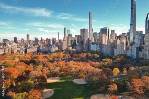 Autumn Fall. Autumnal Central Park view from drone. Aerial of NY City Manhattan Central Park panorama in Autumn. Autumn in Central Park. Autumn NYC. Central Park Fall Colors of foliage. photo