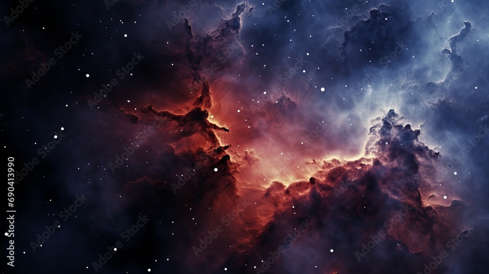 A nebula with clusters of stars shining in the background is shown up close. A nebula with clusters of stars shining in the background is shown up close.