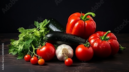 In the front view of the gray space, you can see fresh vegetables like red tomatoes, cucumbers, and squashes with greens.