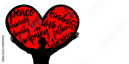 A vector back view silhouette illustration of a man holding up a huge heart with inspiring words on a white background