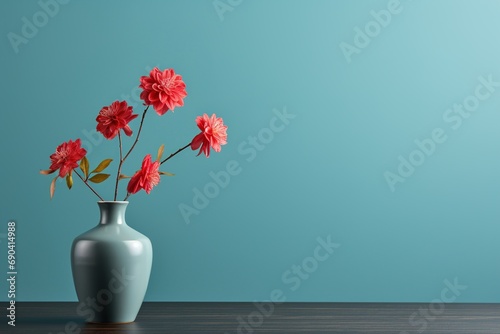 minimalism photo modern vase with orange flowers on a table with copy space on light blue background