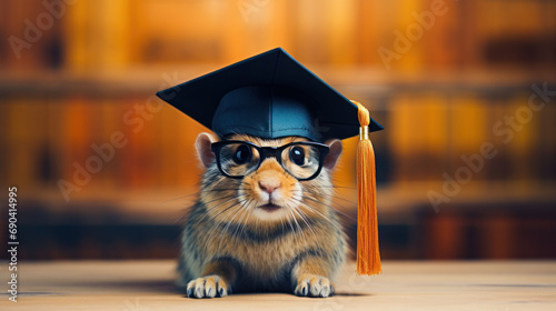 A chipmunk with glasses and a graduation cap stands in a library, representing the pursuit of knowledge. 