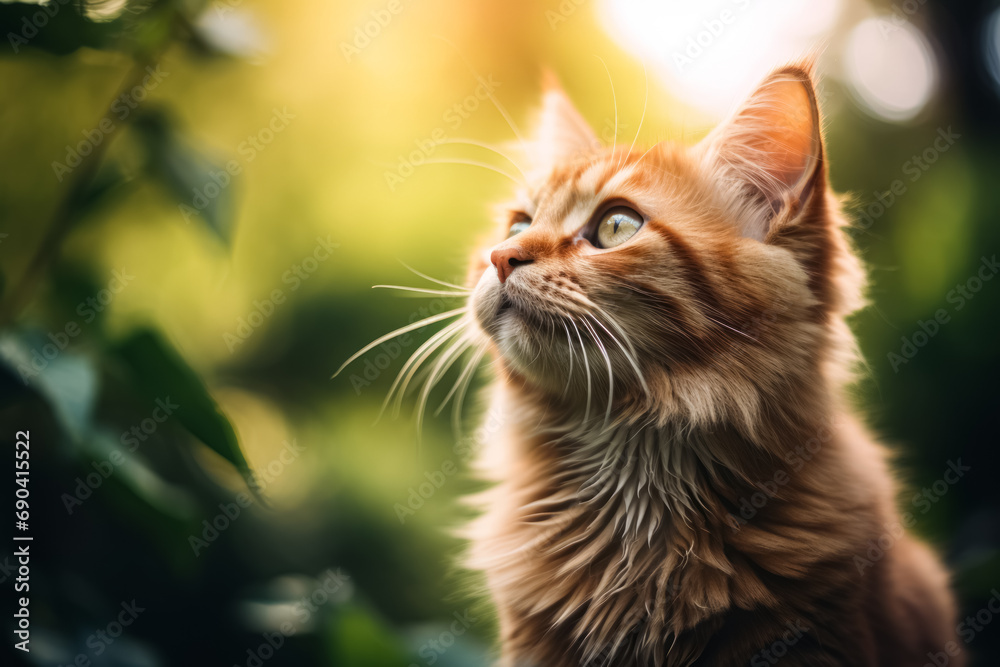 Majestic orange long-haired cat with striking green eyes gazing upwards amidst a blurred green background.