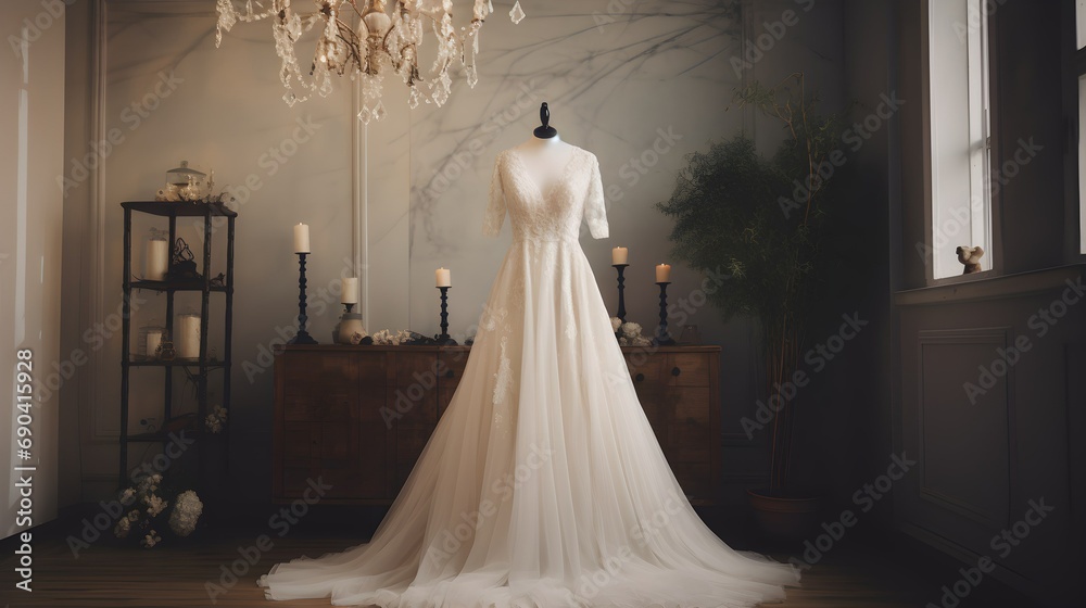 white wedding dress in bridal room background. Generative AI white wedding dress in bridal room background. Generative AI