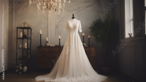 white wedding dress in bridal room background. Generative AI photo