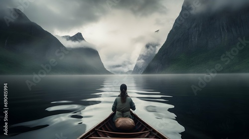 View from the back of a girl in a canoe floating on the water among the fjords. Generative AI