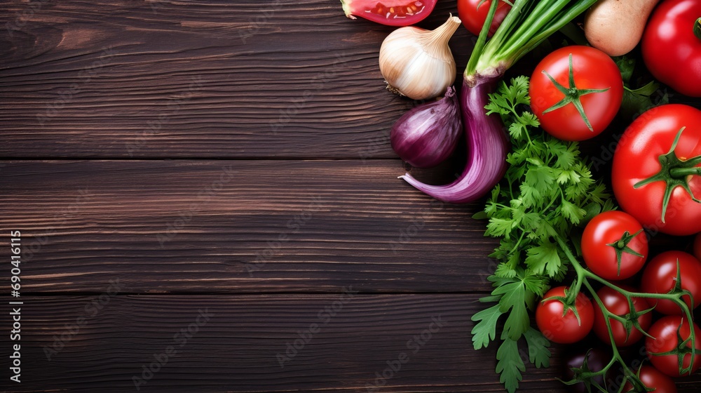 A picture depicting a healthy salad consisting of red cabbage, parsley, roma tomatoes, carrots, potatoes, and onions on a wooden table with copy space on top.