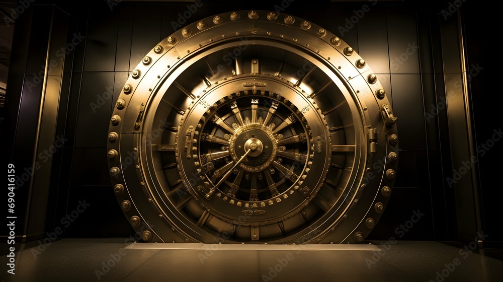  perspective shot of a circular bank vault door in a dimly lit room. Generative AI