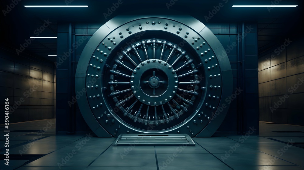  perspective shot of a circular bank vault door in a dimly lit room. Generative AI - obrazy, fototapety, plakaty 