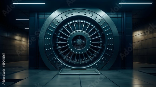  perspective shot of a circular bank vault door in a dimly lit room. Generative AI