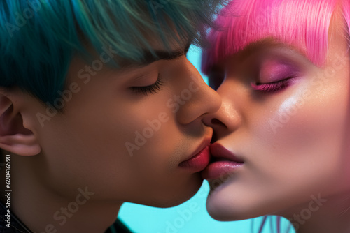 Close-up of a tender moment between a couple with vibrant teal and pink hairstyles  highlighting modern romance.