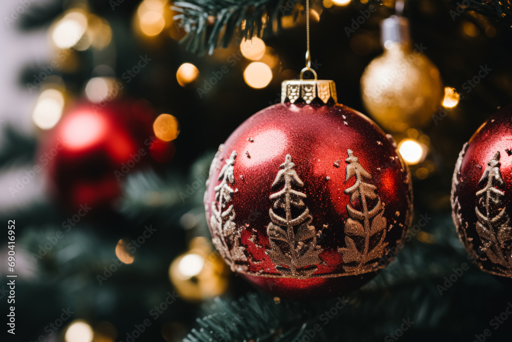 A red Christmas bauble with a snowy tree design, highlighted against a blurred background of festive lights on a tree. A red Christmas bauble with a snowy tree design, highlighted against a blurred background of festive lights on a tree.