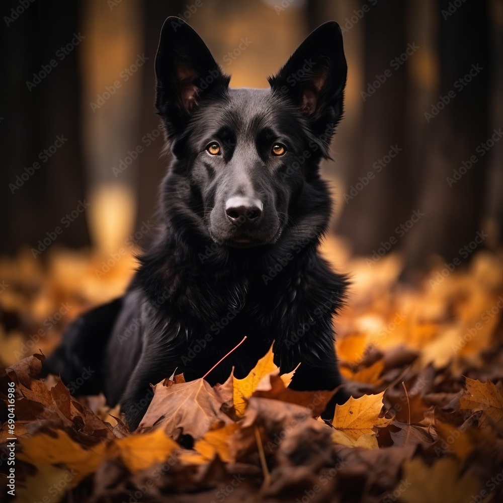 beautiful black German shepherd in autumn leaves beautiful black German shepherd in autumn leaves