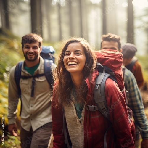 group of young happy people, backpacking in the nature. 