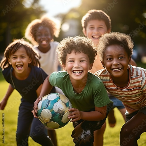 multicultural group of happy children playing football,