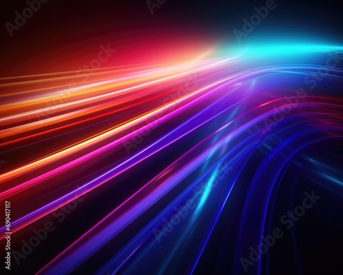 3D rendering, abstract background with multicolored spectrum. Bright neon lights and glowing sea wave lines and flowing cable connections.