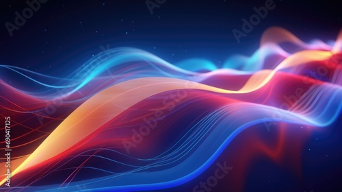 3D rendering  abstract background with multicolored spectrum. Bright neon lights and glowing sea wave lines and flowing cable connections.