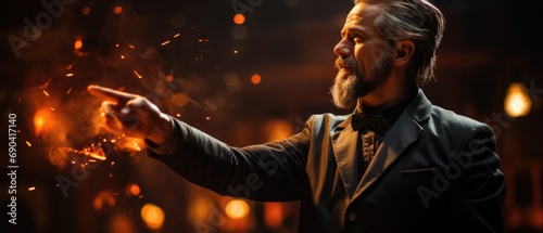 Bearded man in a bow tie casting sparks with a magical gesture, embodying a mystical and theatrical ambiance.