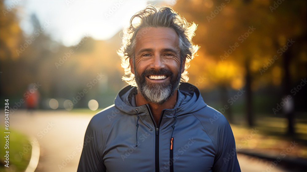 Attractive middle age man is running in park early morning at sunrise Attractive middle age man is running in park early morning at sunrise