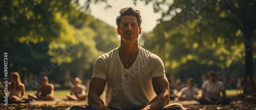 Focused man in casual attire practicing yoga in a peaceful park setting, surrounded by trees and fellow meditators in a serene atmosphere.