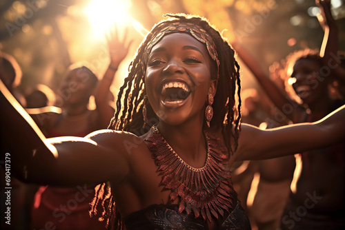 Happy young tribe people are dancing  photo