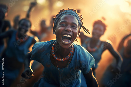 Happy young tribe people are dancing  photo