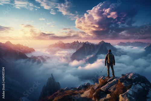 Man stays on top of mountain peak, enjoying wonderful view of sunset and sky. Winning, achiever idea  © IRStone