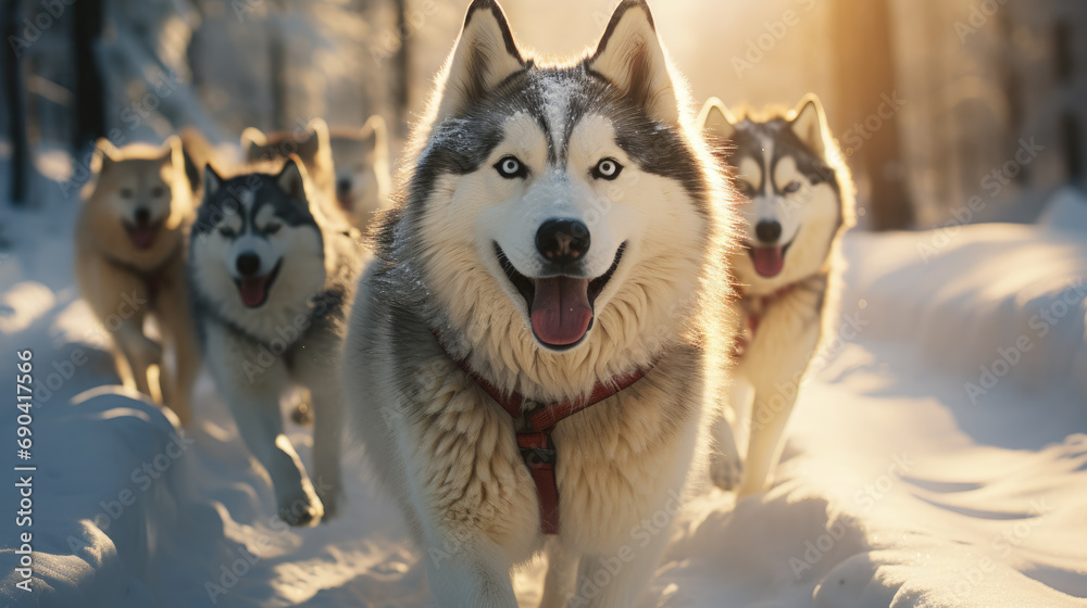 Naklejka premium sled with husky on a snowy winter road, Alaska, fluffy northern dogs, pets, pack, nature, Arctic, racing, racing, breed, animal breeding, malamute, canine, training, sport, outside, walk, frost, cold