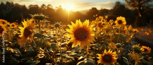 Golden sunflowers at sunset, vibrant petals against dusk light, field of sunflowers, warm summer evening glow 