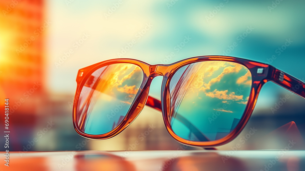 sunglasses on a sun blue background - obrazy, fototapety, plakaty 