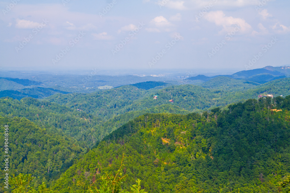 Naklejka premium Panoramic View of Lush Woodlands with Rural Settlements in Gatlinburg, Tennessee