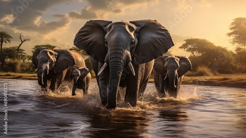 elephant in the water with family