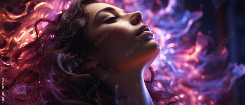 Woman with vibrant abstract colors, ethereal beauty, flowing hair, dreamlike visual, artistic expression.