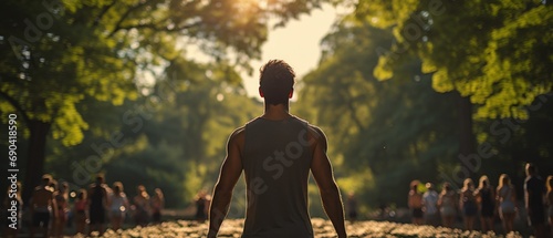 Man facing crowd in park, backlit by sunset, leadership concept, outdoor community event, inspirational stance.
