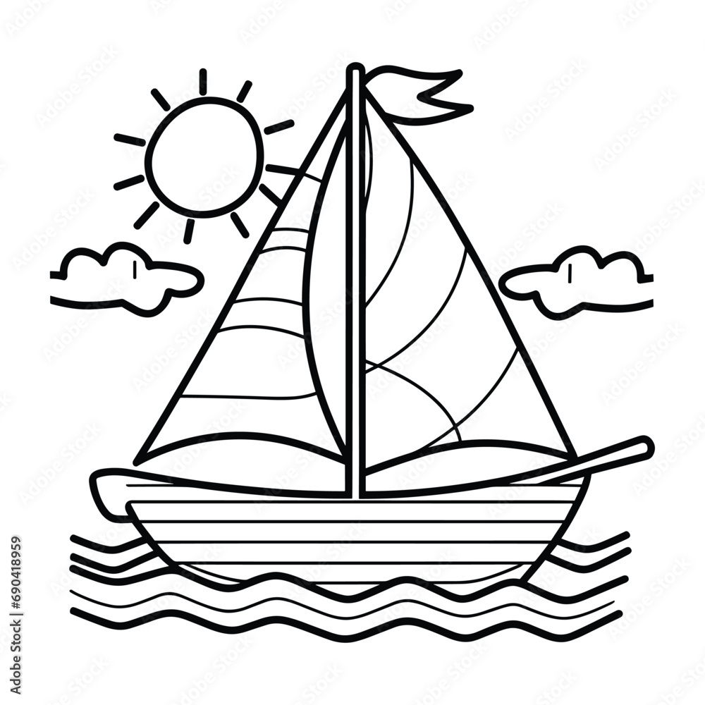 Cute and funny coloring page of a sailboat. Provides hours of coloring fun for children. To color this page is very easy. Suitable for little kids and toddlers.