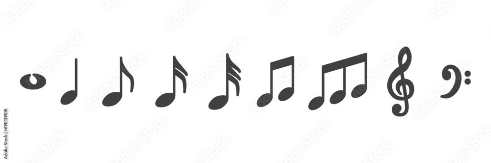 Music note icons set. Musical notes set. Music notes icons collection. Musical note vector. Music elements. Simple musical notes signs. Isolated music note on transparent background. 