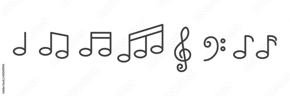 Simple icon line of Music notes, song, melody or tune icon line vector. Music elements. Treble clef music notes key icons set. Musics sheet illustration contains symbol of music notes. - obrazy, fototapety, plakaty 