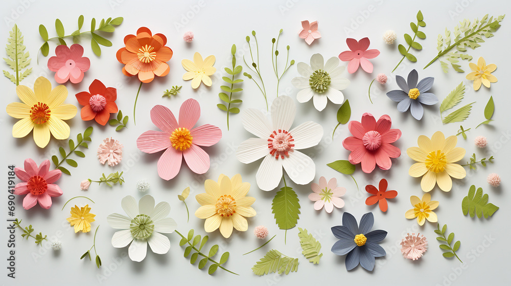 flat lay arrangement with spring paper flowe
