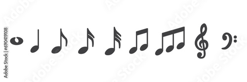Music note icons set. Musical notes set. Music notes icons collection. Musical note vector. Music elements. Simple musical notes signs. Isolated music note on transparent background. 