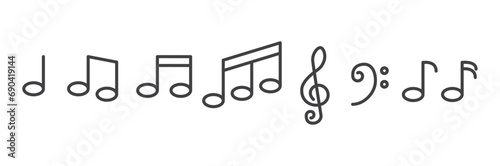 Simple icon line of Music notes, song, melody or tune icon line vector. Music elements. Treble clef music notes key icons set. Musics sheet illustration contains symbol of music notes.