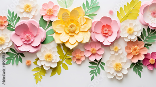 flat lay arrangement with spring paper flowe