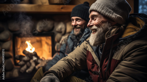 Warm Companionship: Two Men Enjoying a Laugh by the Cabin Fire © Another vision