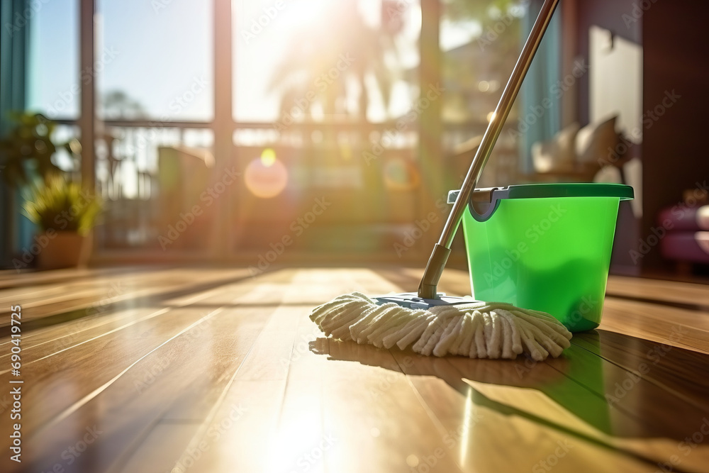 Mop and bucket on a wooden floor in sunny living room. Cleaning supplies ready for spring cleaning. - obrazy, fototapety, plakaty 