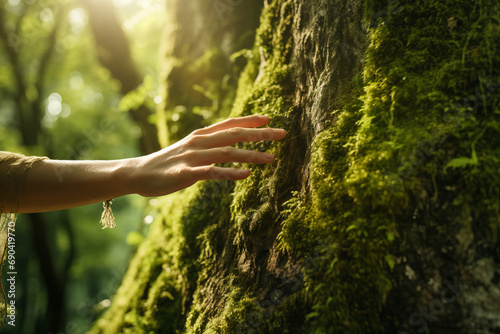 Close-up of woman's hand touching an old tree. Hand of a girl caressing tree trunk covered with moss. World Earth Day. Save the planet nature environment concept.