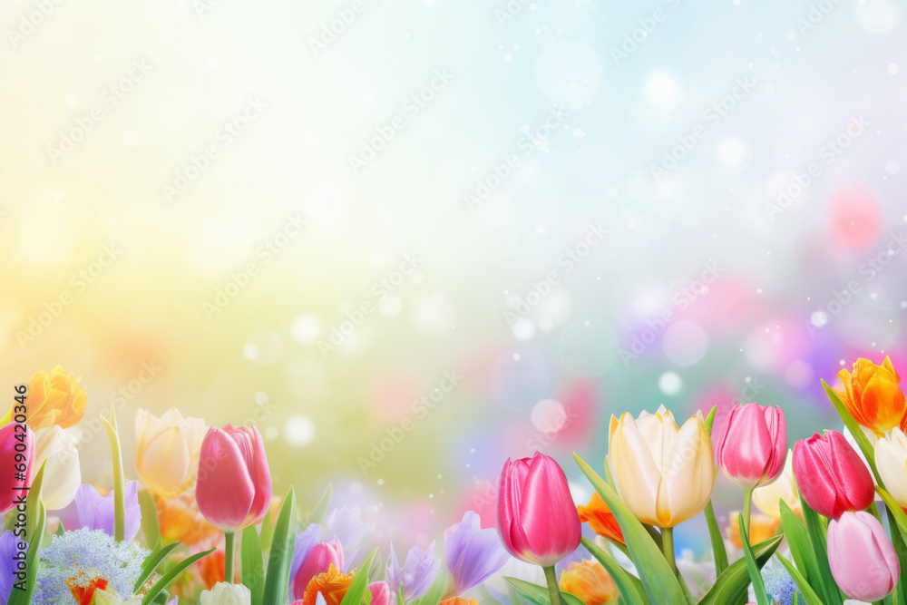 Colorful flowers bloom in the soothing soft light of spring, filled with the love of the earth. Background concept for Easter or happy holiday or anniversary celebration message card or invitation. Colorful flowers bloom in the soothing soft light of spring, filled with the love of the earth. Background concept for Easter or happy holiday or anniversary celebration message card or invitation.