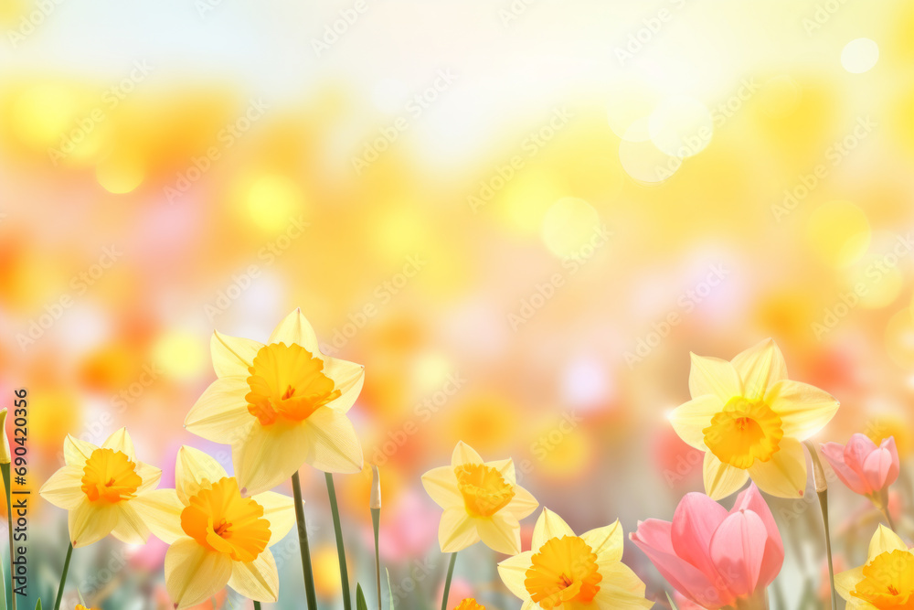 Colorful flowers bloom in the soothing soft light of spring, filled with the love of the earth. Background concept for Easter or happy holiday or anniversary celebration message card or invitation. Colorful flowers bloom in the soothing soft light of spring, filled with the love of the earth. Background concept for Easter or happy holiday or anniversary celebration message card or invitation.