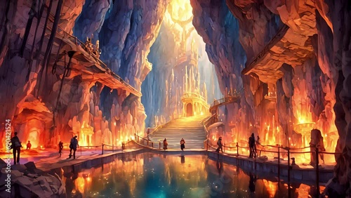 narrow passageway opens into majestic chamber, walls lined with shimmering stalactites stalagmites that glisten like precious jewels soft glow torchlight. walk deeper 2d animation photo