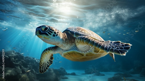 green sea turtle swimming in deep water